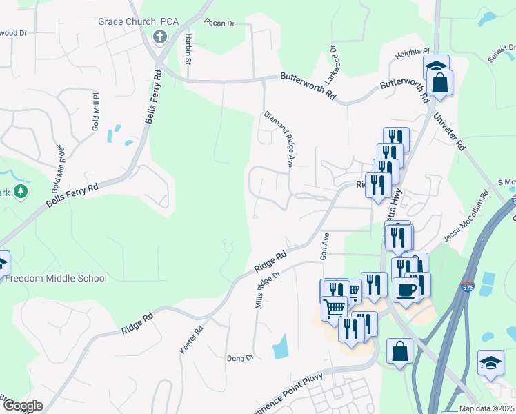 map of restaurants, bars, coffee shops, grocery stores, and more near 310 Stone Valley Crossing in Canton