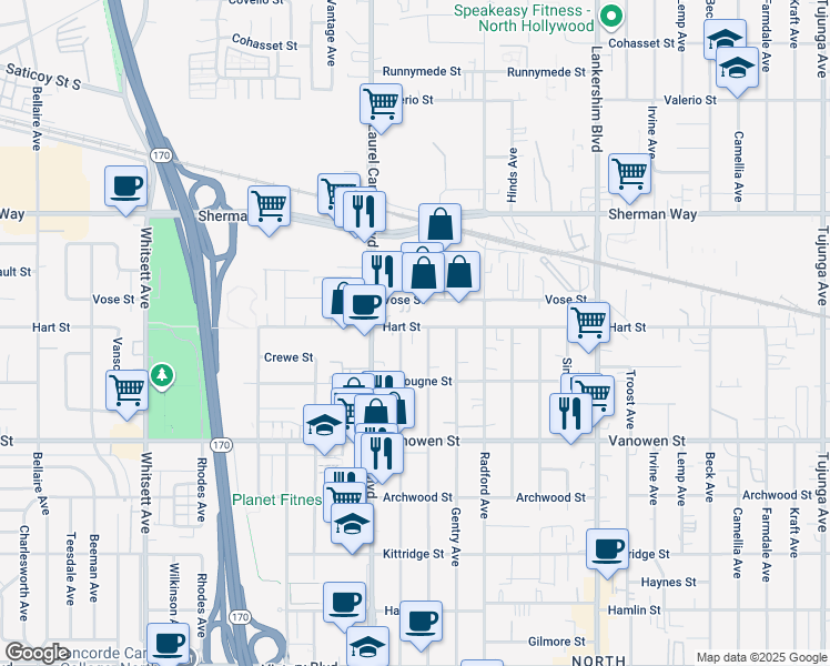 map of restaurants, bars, coffee shops, grocery stores, and more near 6936 Agnes Avenue in Los Angeles