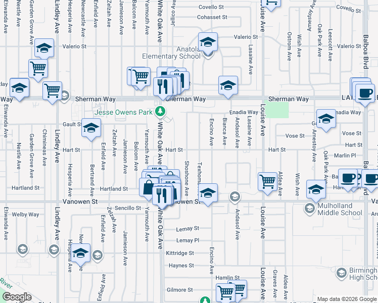 map of restaurants, bars, coffee shops, grocery stores, and more near 6962 Shoshone Avenue in Los Angeles