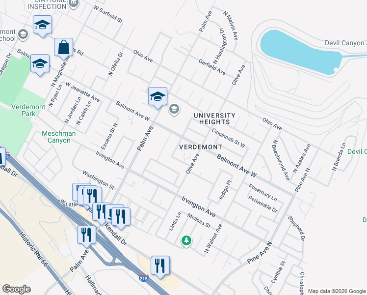 map of restaurants, bars, coffee shops, grocery stores, and more near 2875 Rosemary Lane in San Bernardino