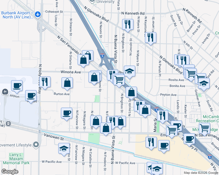map of restaurants, bars, coffee shops, grocery stores, and more near 2243 North Buena Vista Street in Burbank