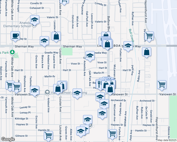 map of restaurants, bars, coffee shops, grocery stores, and more near 17024 Marlin Place in Los Angeles