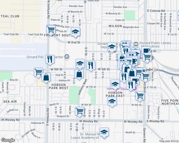 map of restaurants, bars, coffee shops, grocery stores, and more near 840 West 5th Street in Oxnard