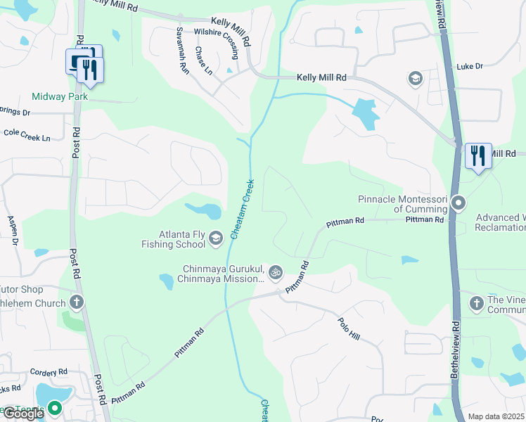 map of restaurants, bars, coffee shops, grocery stores, and more near 5130 Travers Lane in Cumming