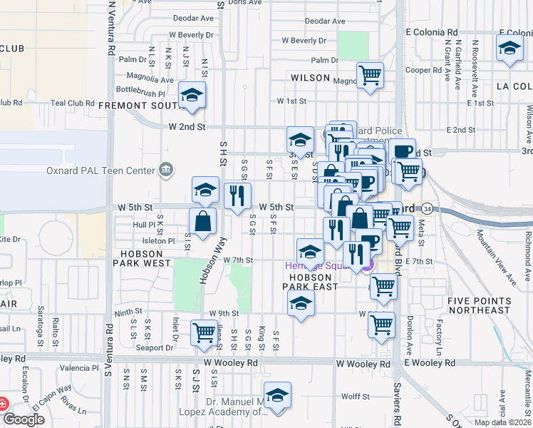 map of restaurants, bars, coffee shops, grocery stores, and more near 714 West 5th Street in Oxnard
