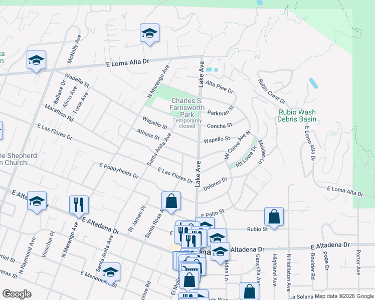 map of restaurants, bars, coffee shops, grocery stores, and more near 641 Athens Street in Altadena