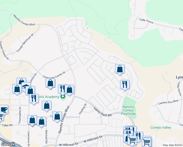map of restaurants, bars, coffee shops, grocery stores, and more near 1403 Oak Trail Street in Thousand Oaks