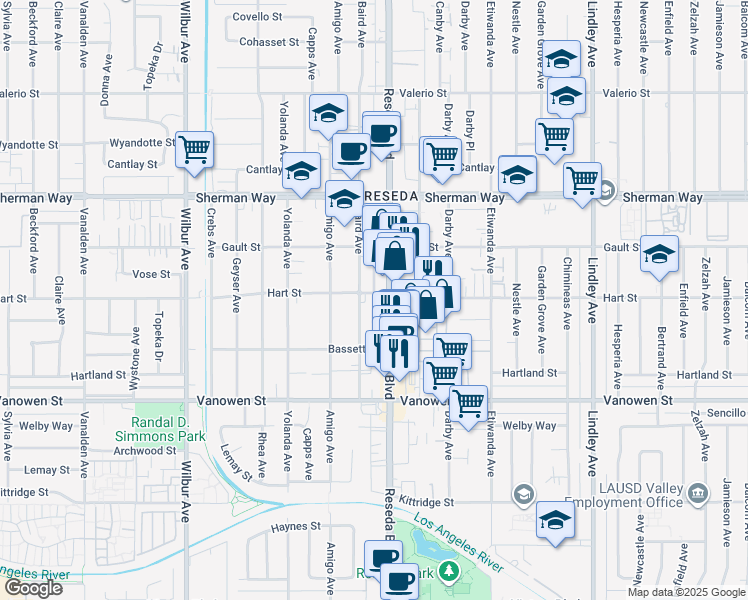 map of restaurants, bars, coffee shops, grocery stores, and more near 6955 Reseda Boulevard in Los Angeles