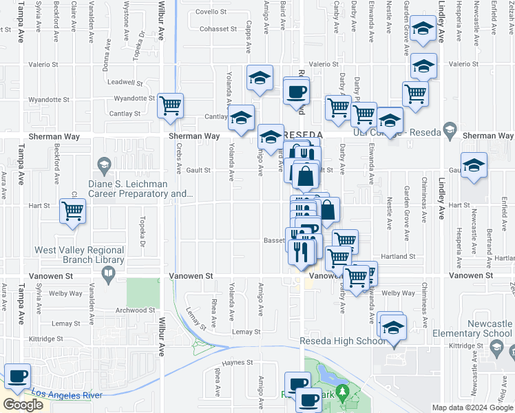 map of restaurants, bars, coffee shops, grocery stores, and more near 6961 Amigo Avenue in Los Angeles