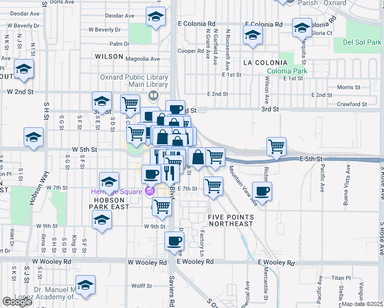 map of restaurants, bars, coffee shops, grocery stores, and more near 204 East 5th Street in Oxnard