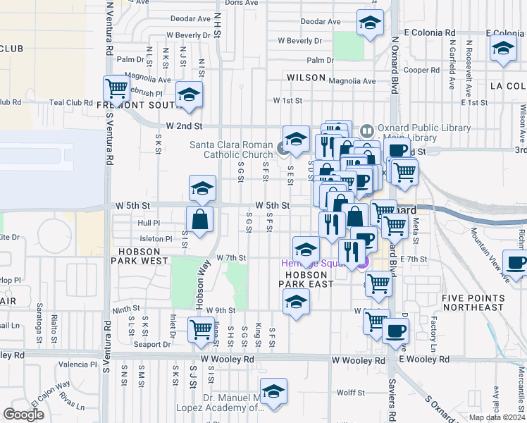 map of restaurants, bars, coffee shops, grocery stores, and more near 714 West 5th Street in Oxnard