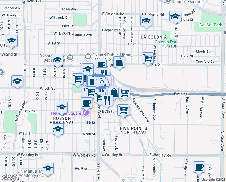 map of restaurants, bars, coffee shops, grocery stores, and more near 214 East 5th Street in Oxnard