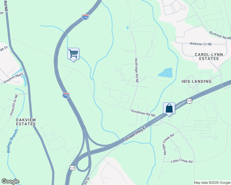 map of restaurants, bars, coffee shops, grocery stores, and more near 109 Wolfridge Road Northeast in Leland