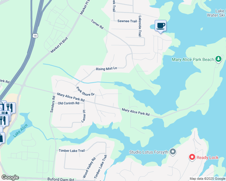 map of restaurants, bars, coffee shops, grocery stores, and more near 1050 Park Shore Drive in Cumming