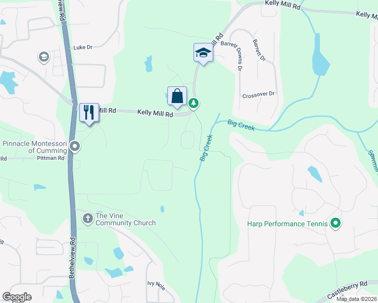 map of restaurants, bars, coffee shops, grocery stores, and more near 2090 Creole Circle in Cumming