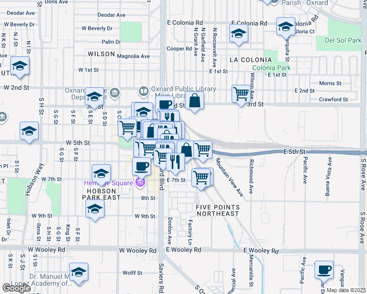 map of restaurants, bars, coffee shops, grocery stores, and more near 214 East 5th Street in Oxnard