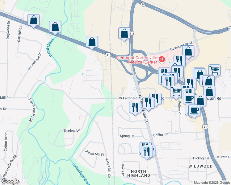map of restaurants, bars, coffee shops, grocery stores, and more near 71 West Felton Road in Cartersville