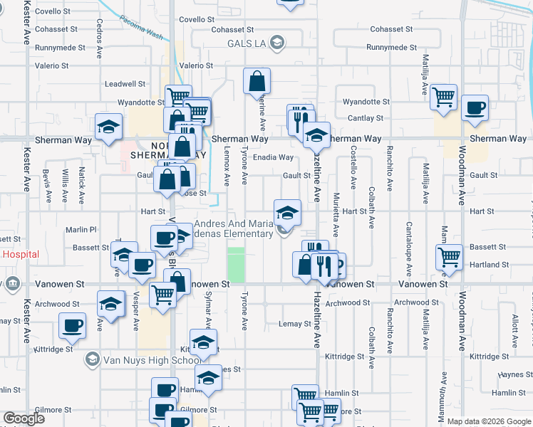 map of restaurants, bars, coffee shops, grocery stores, and more near 6942 Katherine Avenue in Los Angeles