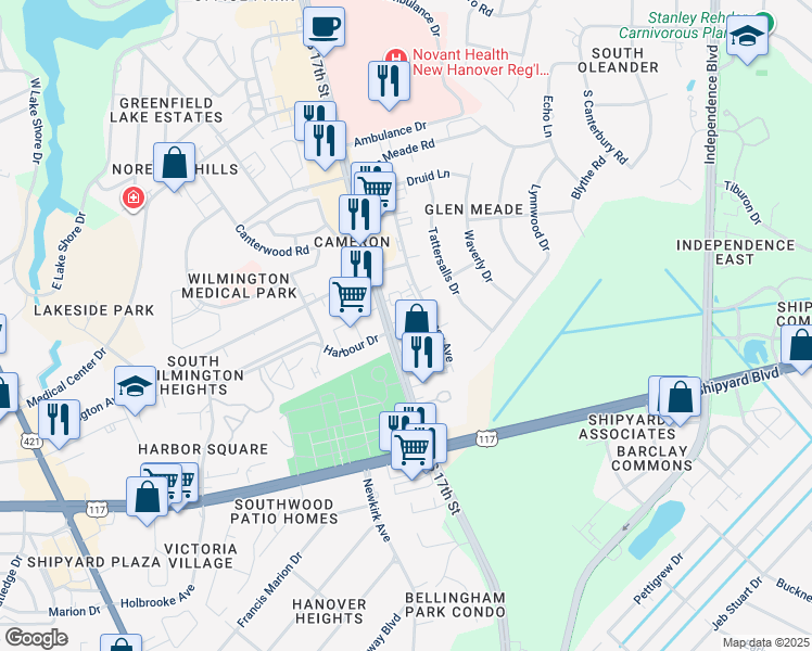 map of restaurants, bars, coffee shops, grocery stores, and more near 2505 South 17th Street in Wilmington