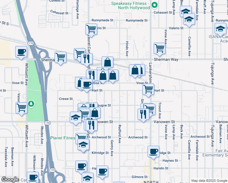 map of restaurants, bars, coffee shops, grocery stores, and more near 6941 Gentry Avenue in Los Angeles