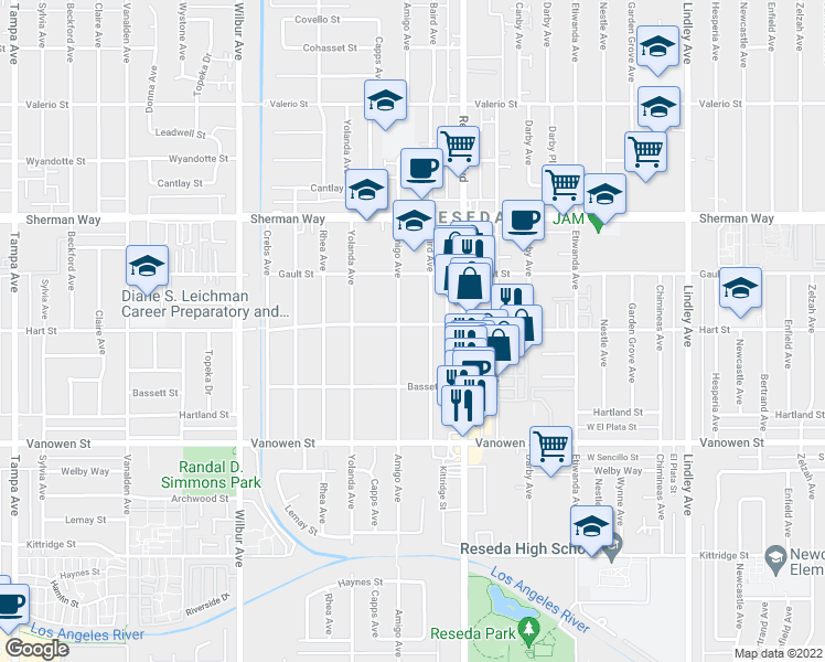 map of restaurants, bars, coffee shops, grocery stores, and more near 18556 Hart Street in Los Angeles