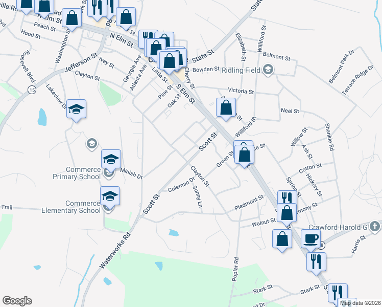 map of restaurants, bars, coffee shops, grocery stores, and more near 202 Scott Street in Commerce
