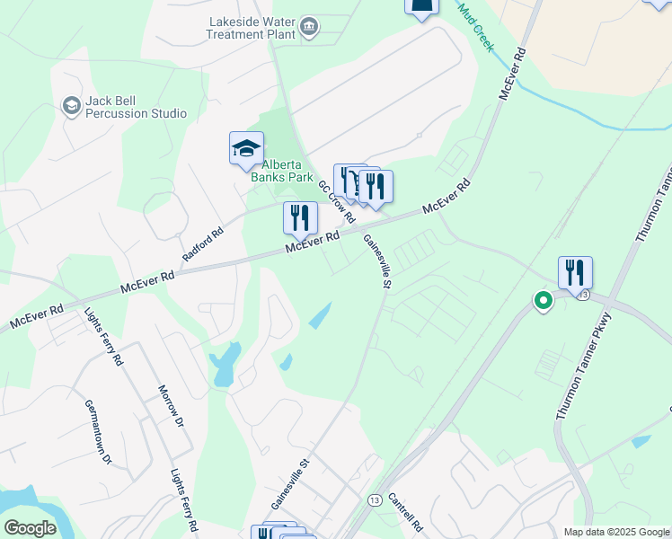 map of restaurants, bars, coffee shops, grocery stores, and more near 5521 McEver Road in Flowery Branch