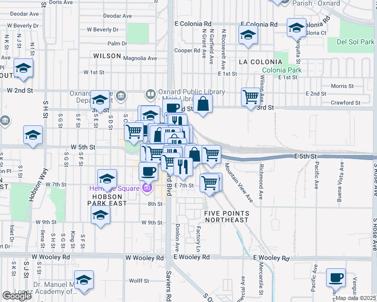 map of restaurants, bars, coffee shops, grocery stores, and more near 250 East 5th Street in Oxnard