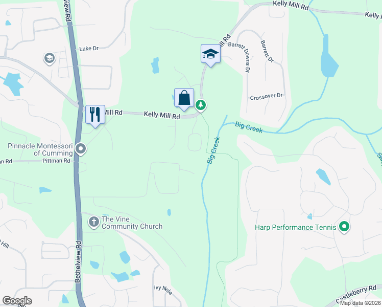 map of restaurants, bars, coffee shops, grocery stores, and more near 2090 Creole Circle in Cumming