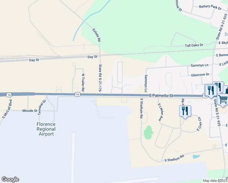 map of restaurants, bars, coffee shops, grocery stores, and more near 2635 East Palmetto Street in Florence