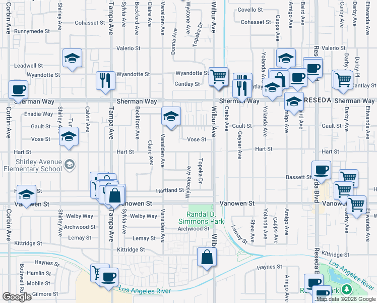 map of restaurants, bars, coffee shops, grocery stores, and more near Wystone Avenue in Los Angeles