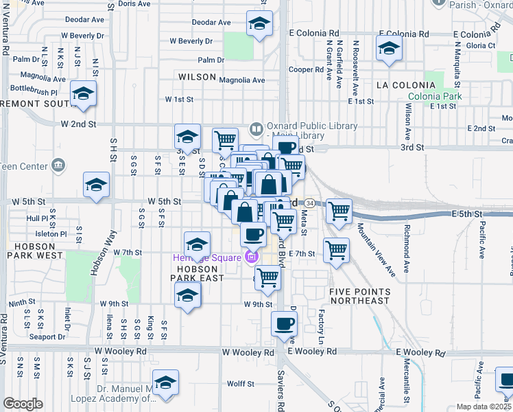 map of restaurants, bars, coffee shops, grocery stores, and more near 538 South B Street in Oxnard