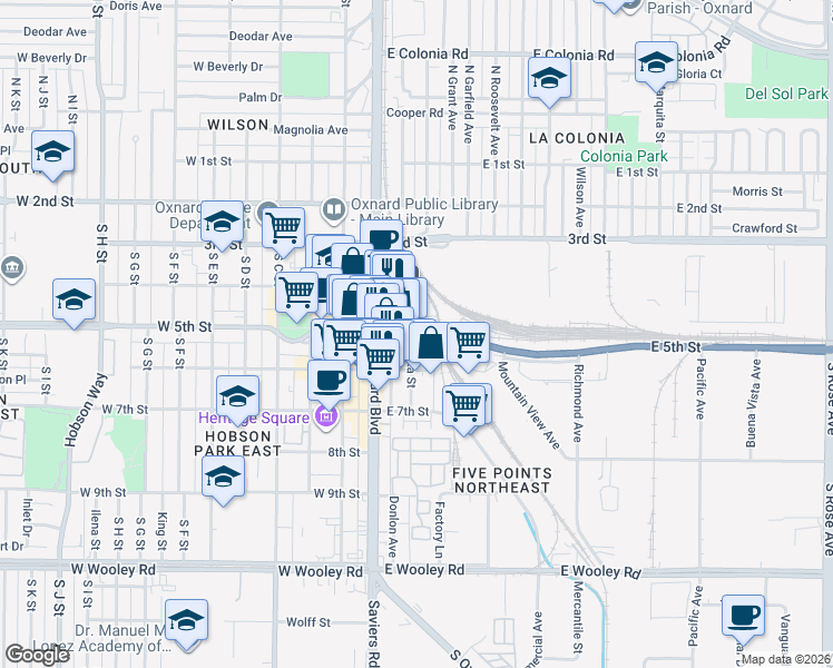 map of restaurants, bars, coffee shops, grocery stores, and more near 204 East 5th Street in Oxnard