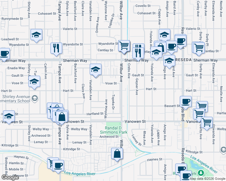 map of restaurants, bars, coffee shops, grocery stores, and more near Topeka Drive in Los Angeles