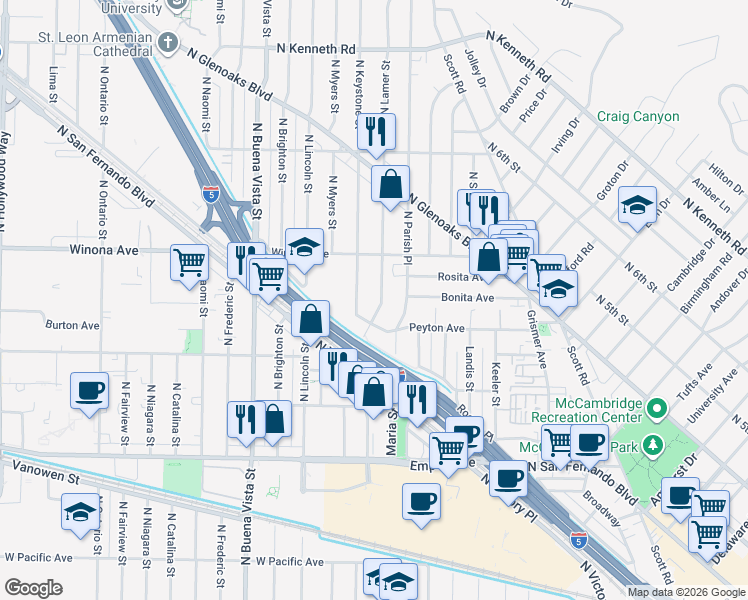 map of restaurants, bars, coffee shops, grocery stores, and more near 2318 Peyton Avenue in Burbank