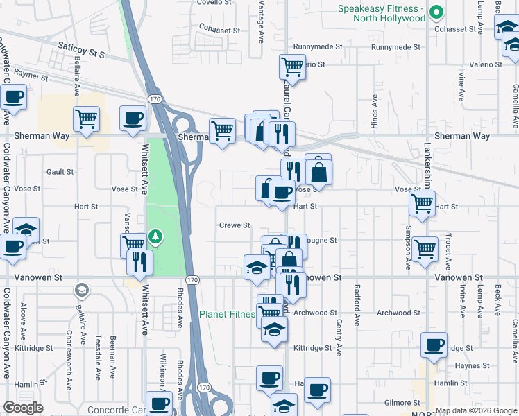 map of restaurants, bars, coffee shops, grocery stores, and more near 12148 Hart Street in Los Angeles