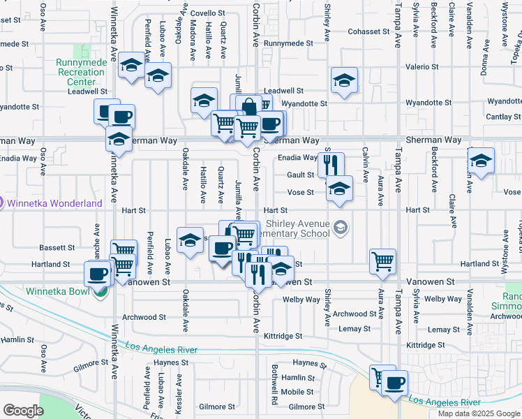 map of restaurants, bars, coffee shops, grocery stores, and more near 6945 Bothwell Road in Los Angeles