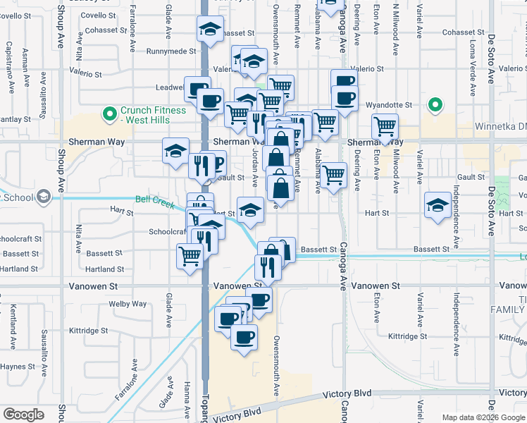 map of restaurants, bars, coffee shops, grocery stores, and more near 6941 Owensmouth Avenue in Los Angeles