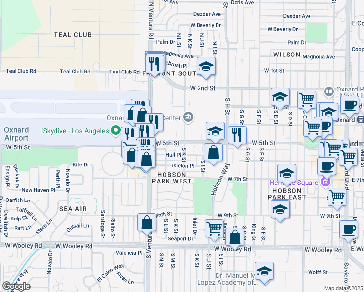 map of restaurants, bars, coffee shops, grocery stores, and more near 530 South K Street in Oxnard