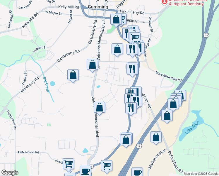 map of restaurants, bars, coffee shops, grocery stores, and more near 171 Basil Street in Cumming