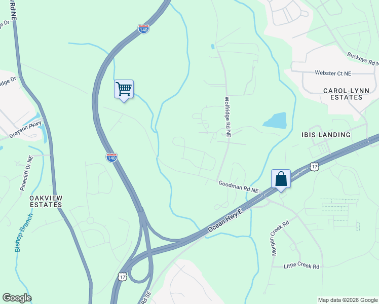 map of restaurants, bars, coffee shops, grocery stores, and more near 109 Wolfridge Road Northeast in Leland