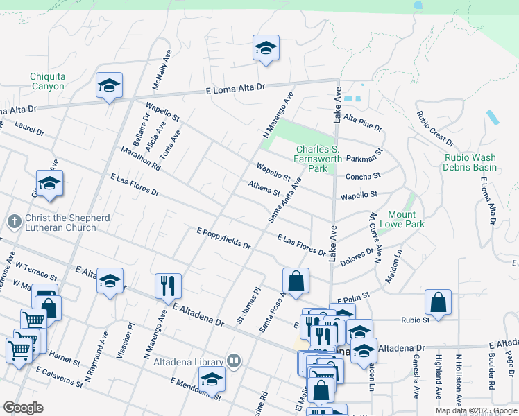 map of restaurants, bars, coffee shops, grocery stores, and more near 466 Punahou Street in Altadena
