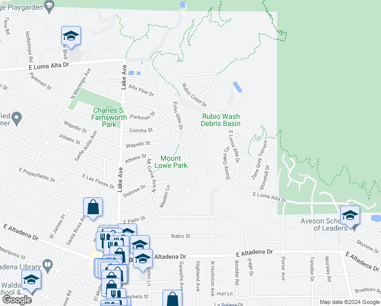 map of restaurants, bars, coffee shops, grocery stores, and more near 3088 Maiden Lane in Altadena
