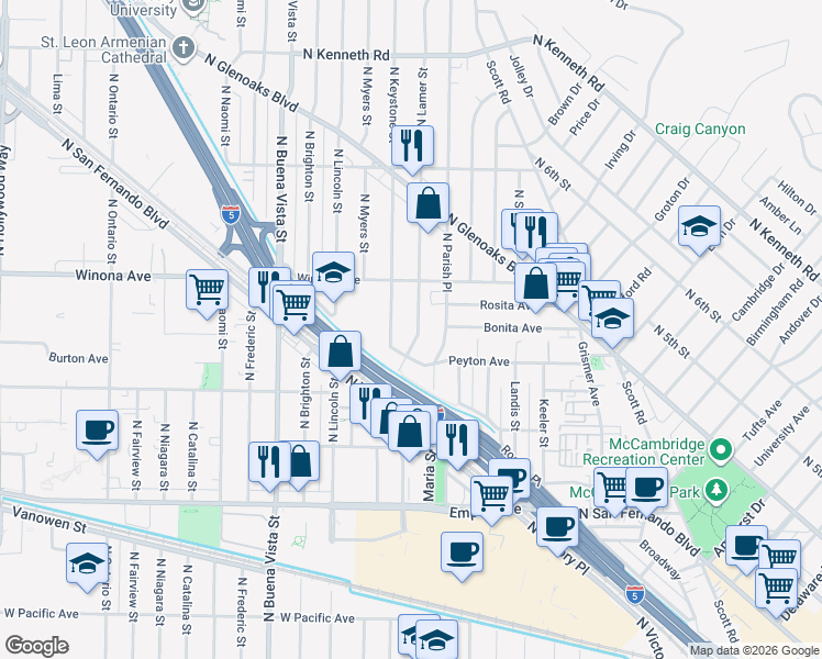 map of restaurants, bars, coffee shops, grocery stores, and more near 2318 Peyton Avenue in Burbank