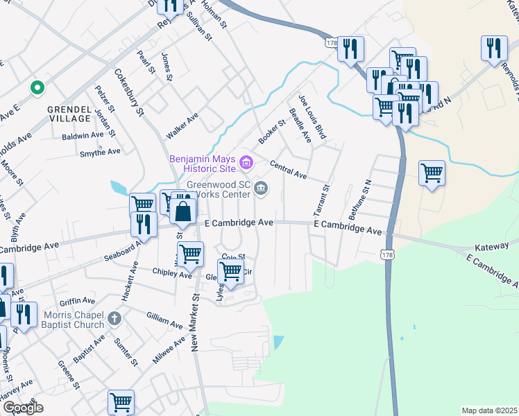 map of restaurants, bars, coffee shops, grocery stores, and more near 315 South Hospital Street in Greenwood