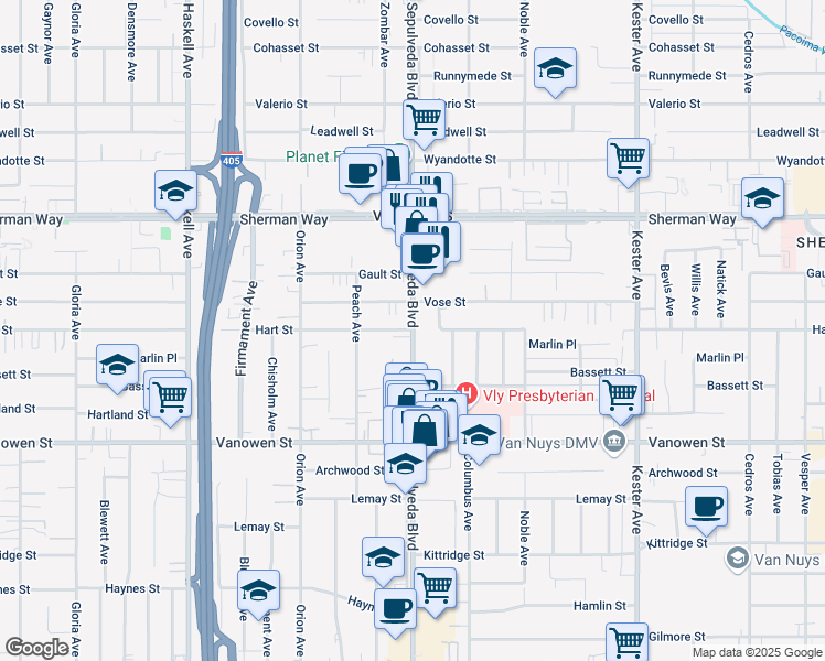 map of restaurants, bars, coffee shops, grocery stores, and more near Sepulveda Boulevard & Hart Street in Los Angeles
