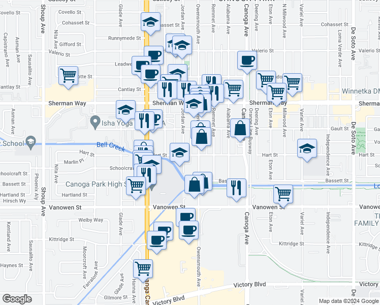 map of restaurants, bars, coffee shops, grocery stores, and more near 21717 Hart Street in Los Angeles