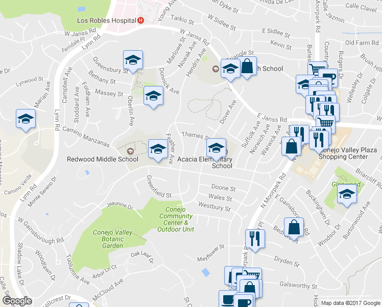 map of restaurants, bars, coffee shops, grocery stores, and more near 1421 Dorset Avenue in Thousand Oaks