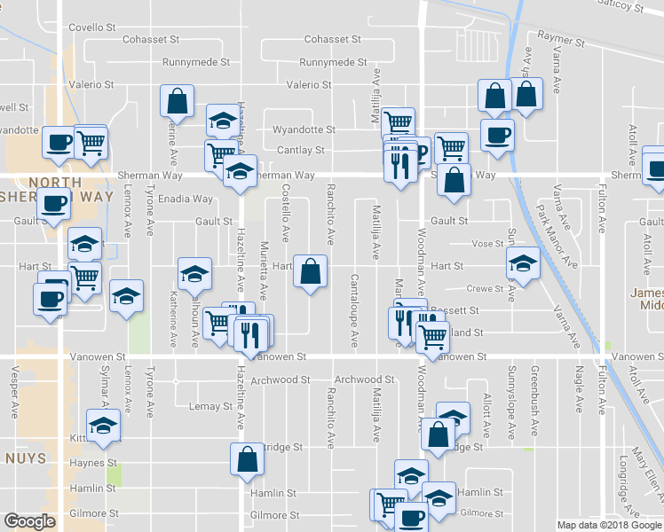 map of restaurants, bars, coffee shops, grocery stores, and more near Ranchito Avenue in Los Angeles