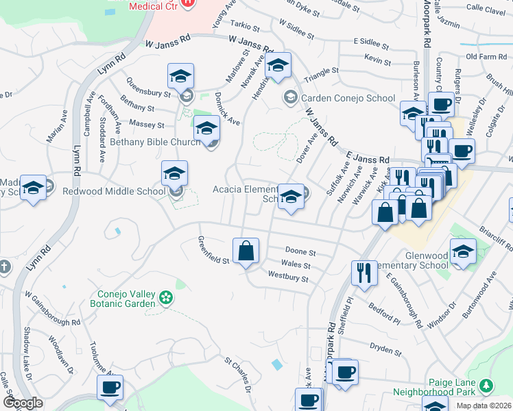 map of restaurants, bars, coffee shops, grocery stores, and more near 1421 Dorset Avenue in Thousand Oaks